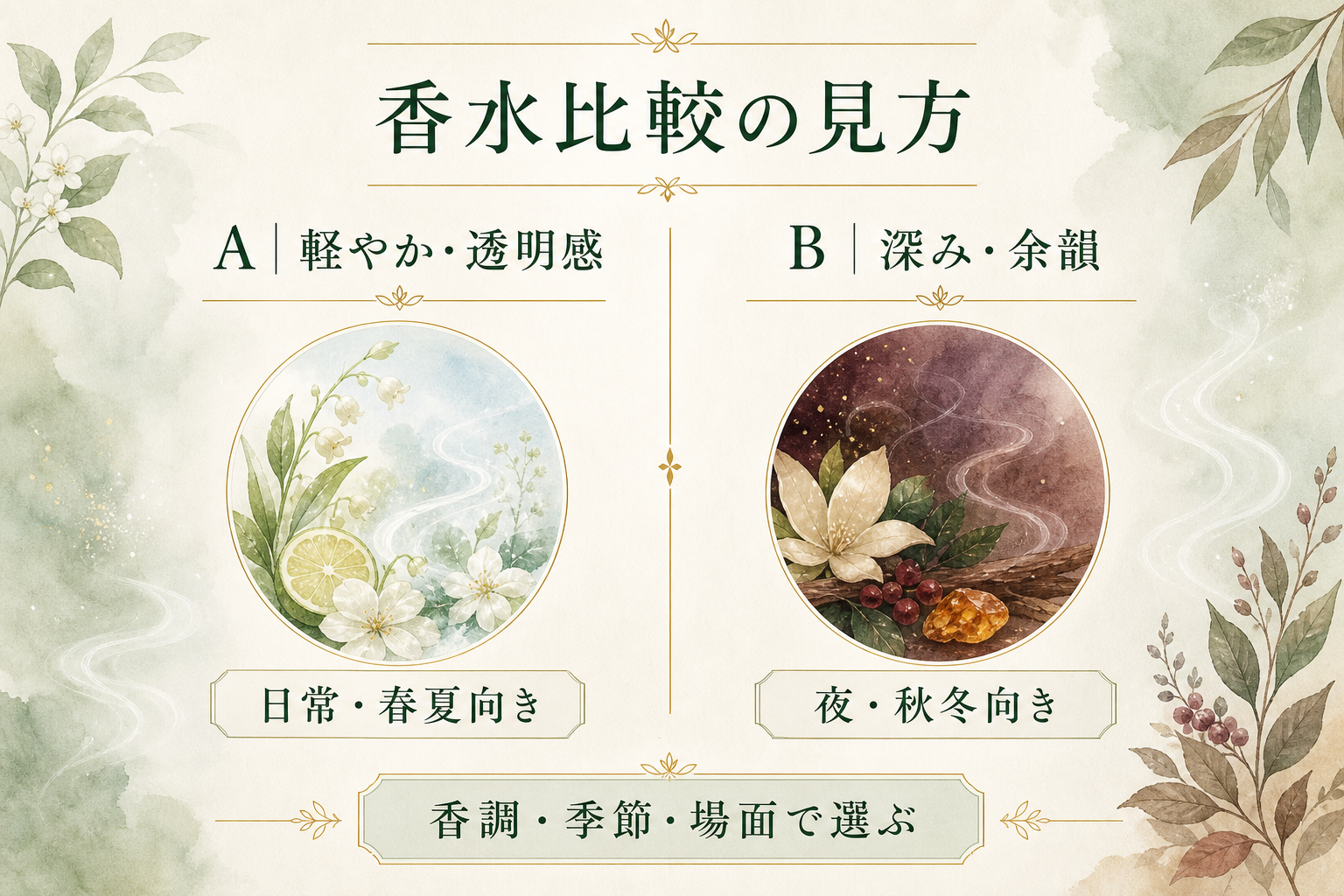 軽やかな香水と深みのある香水を香調・季節・使用シーンで比較する図