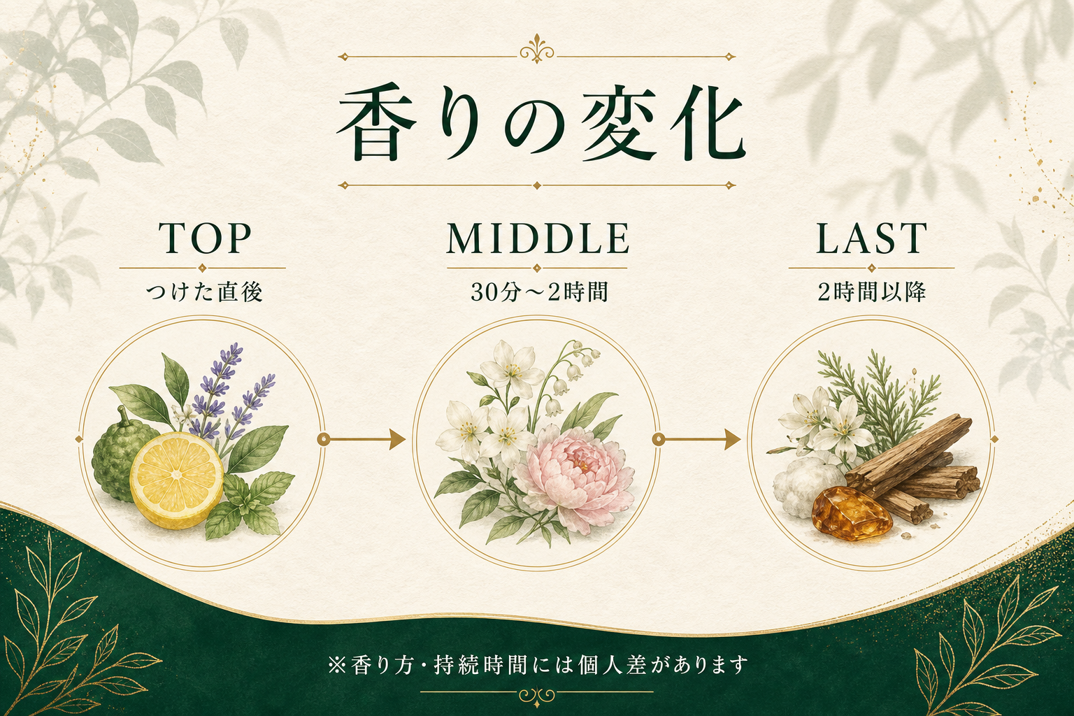 香水のトップ・ミドル・ラストの時間による香りの変化を示した図